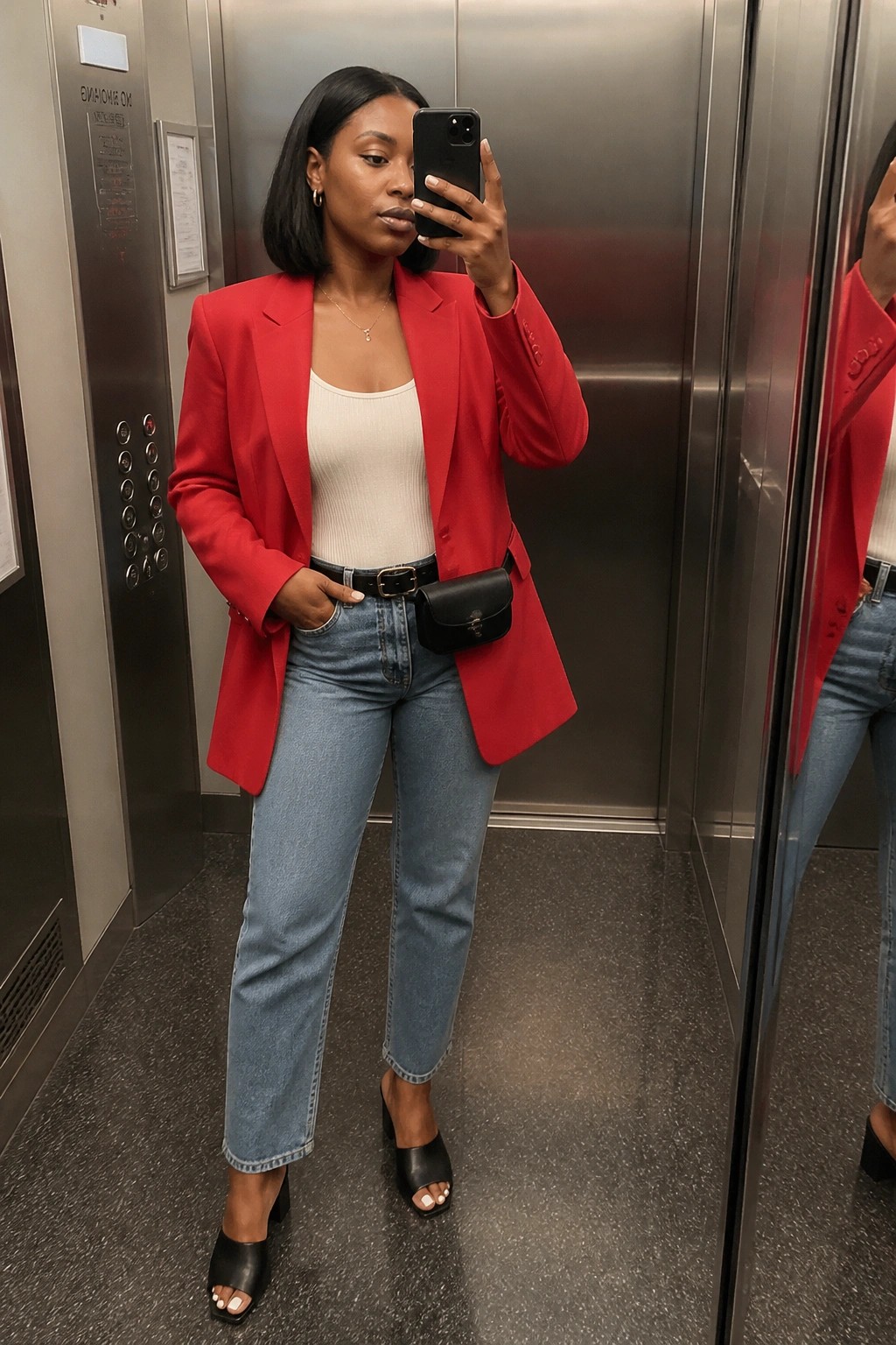 Woman in red blazer taking mirror selfie inside elevator with phone