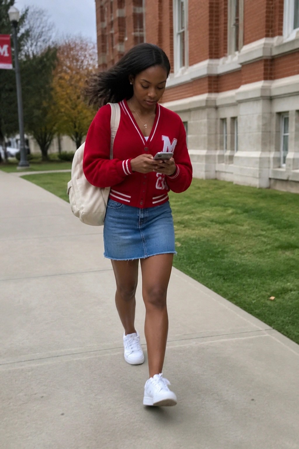 Woman in red varsity cardigan and denim skirt checks phone on campus path