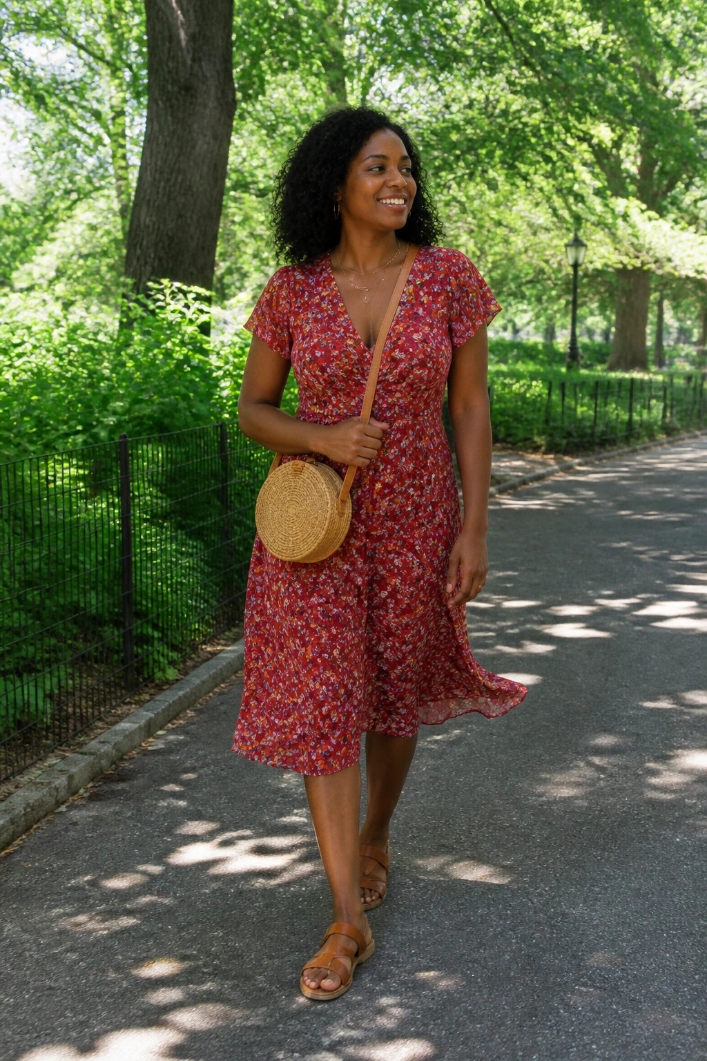 Smiling woman in red floral dress carrying round straw bag on sunny park path