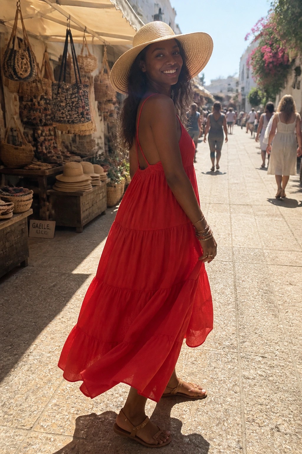 Woman in red tiered dress and straw hat smiling on sunny market street