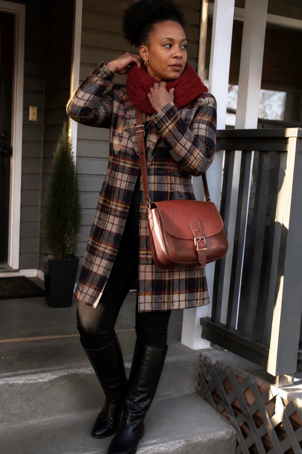 Woman in plaid coat and red scarf with brown leather bag on porch steps.
