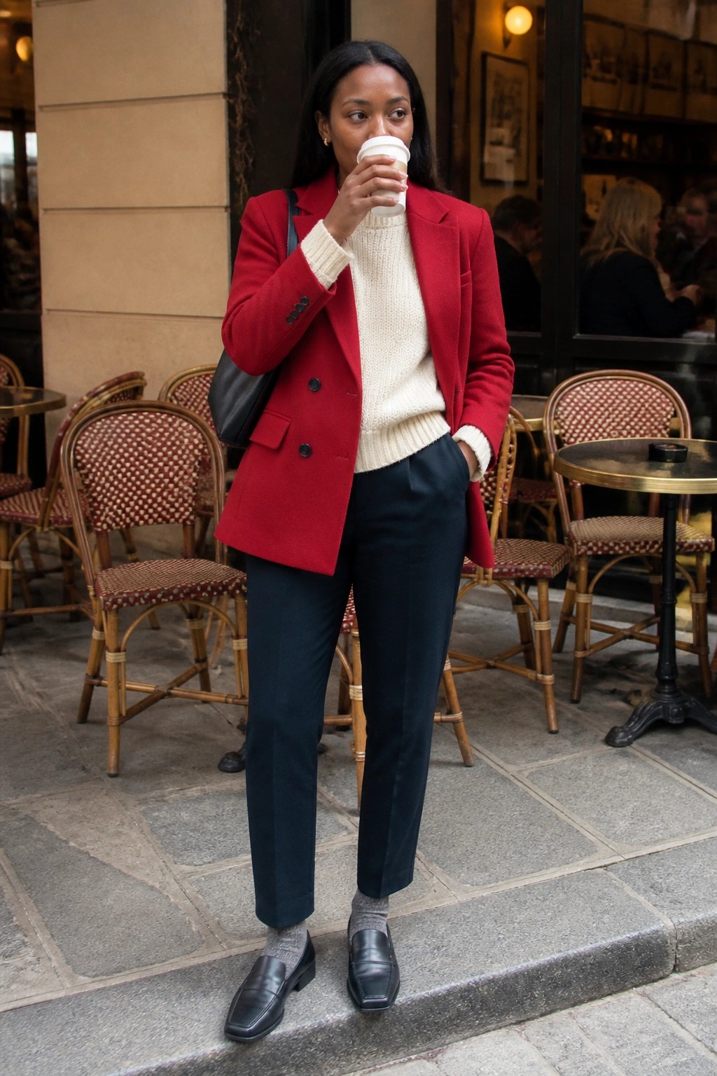 Woman in red blazer and cream sweater sips coffee outside cafe