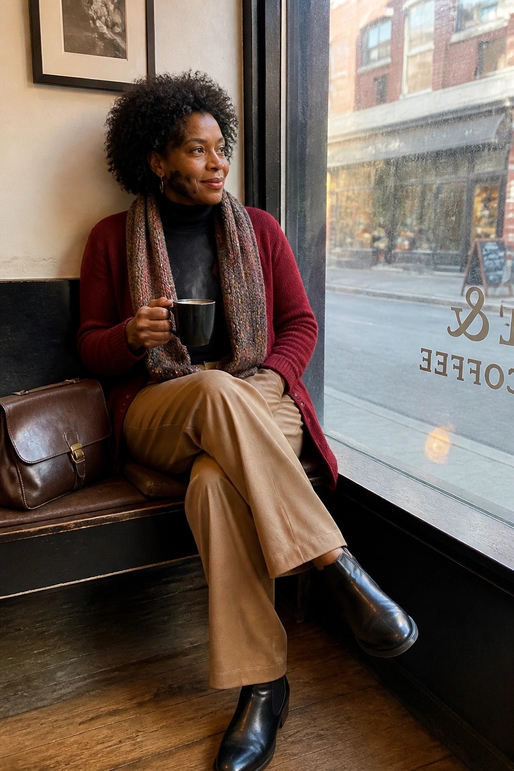 Woman in red cardigan and scarf holds steaming mug by coffee shop window