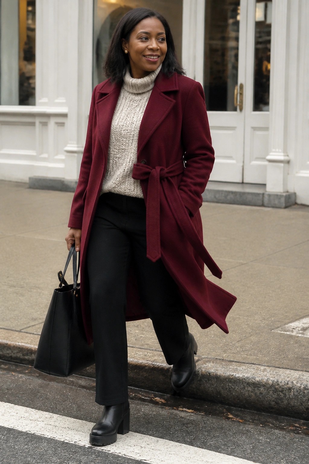 Woman in maroon belted coat and cream sweater carrying black tote on street