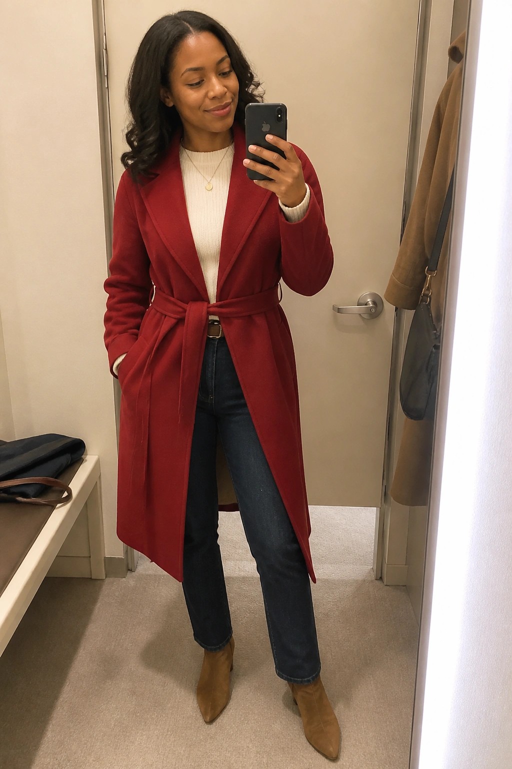 Woman in a long red belted wool coat over a cream sweater with blue jeans and tan suede ankle boots taking a mirror selfie in a fitting room