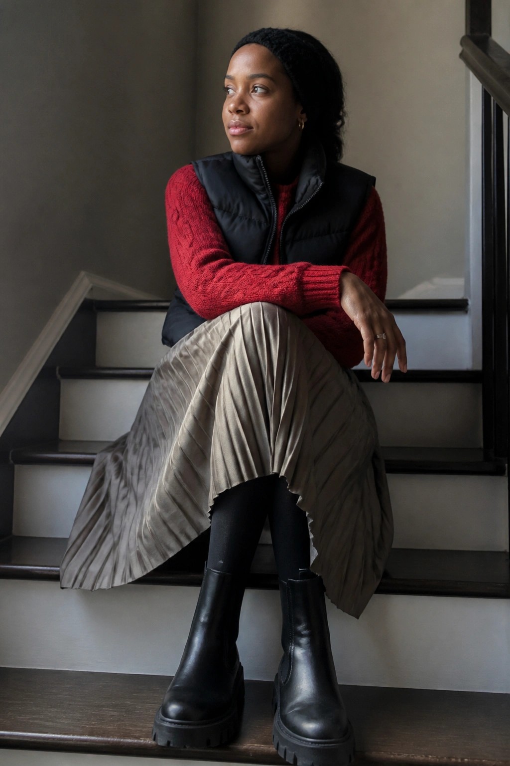 Woman in red sweater and black vest seated on stairs in pleated skirt and boots