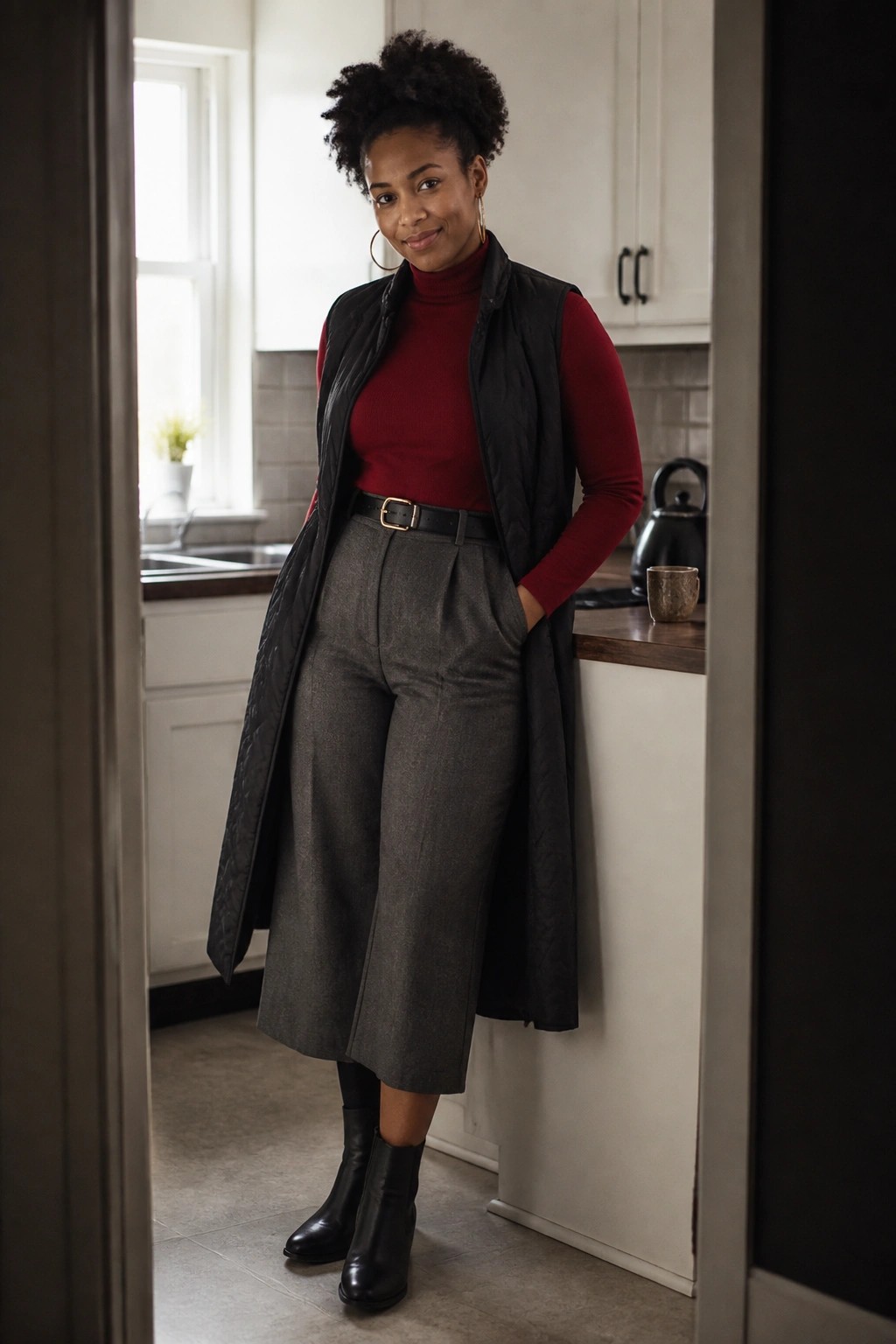 Woman in red turtleneck, black vest, gray trousers, and boots in kitchen doorway.