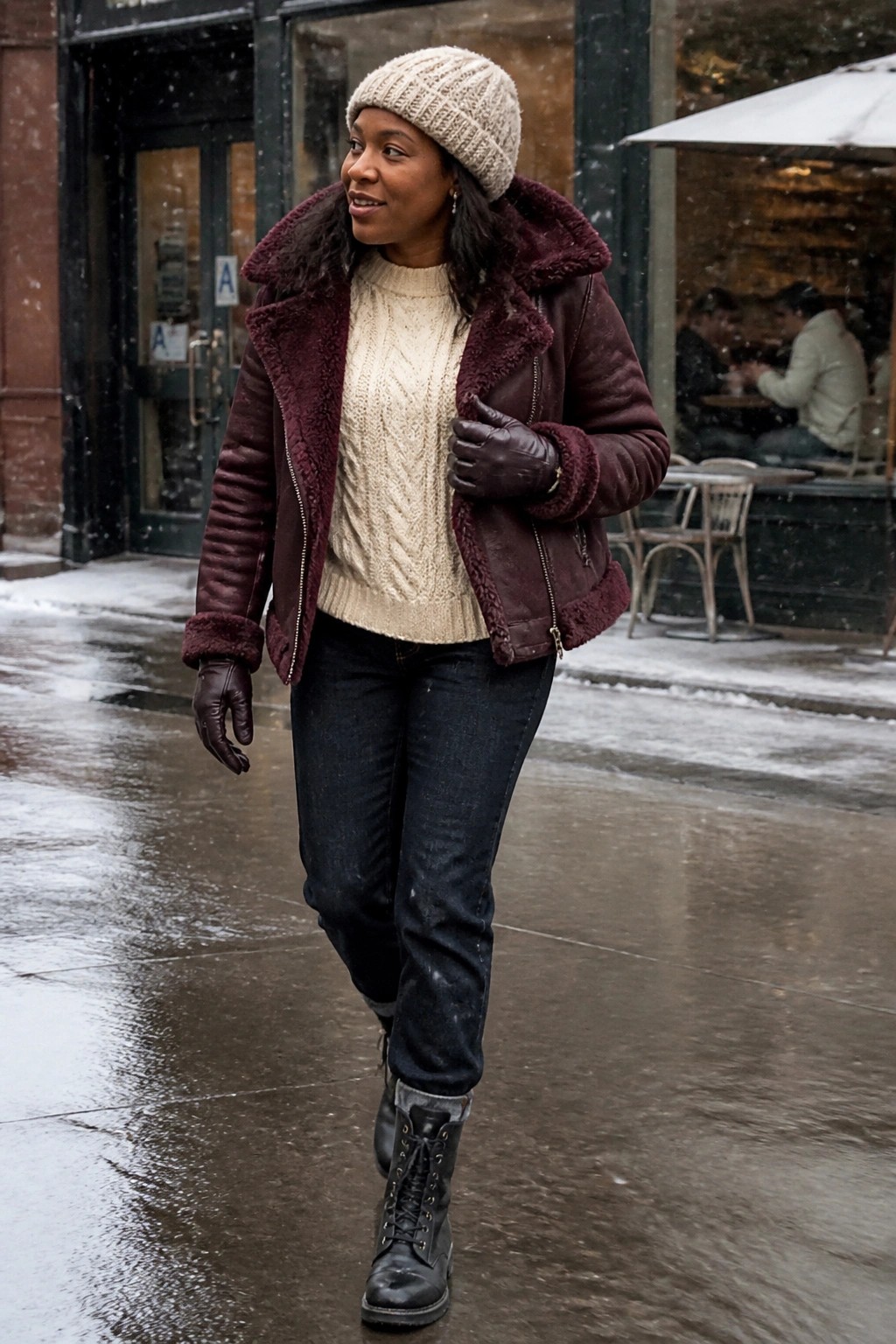 Woman in maroon shearling jacket, cream sweater, and knit hat walks in snow
