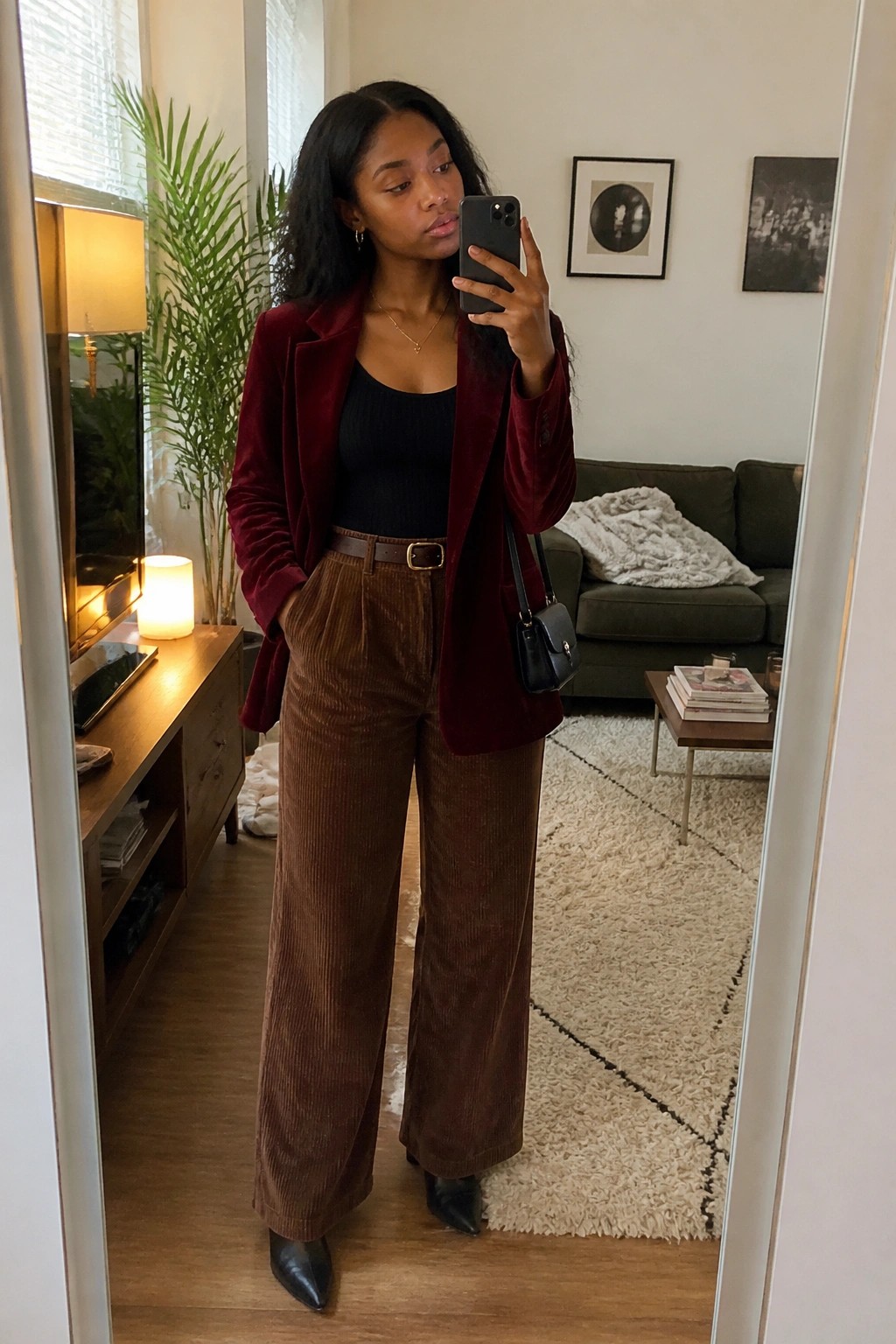 Woman in maroon velvet blazer and brown corduroy pants taking mirror selfie