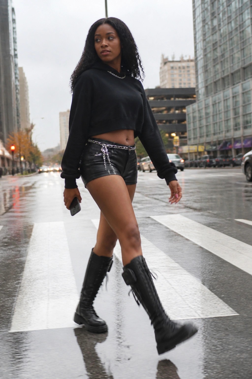 Woman in black cropped hoodie and chain shorts crossing wet city crosswalk