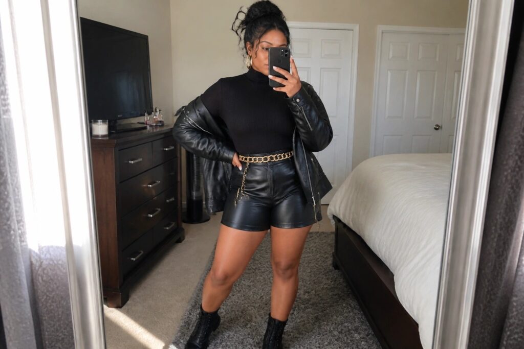 Woman in all black outfit featuring leather shorts with chain belt, ribbed turtleneck, oversized leather jacket, and platform combat boots, taking a mirror selfie in a bedroom.