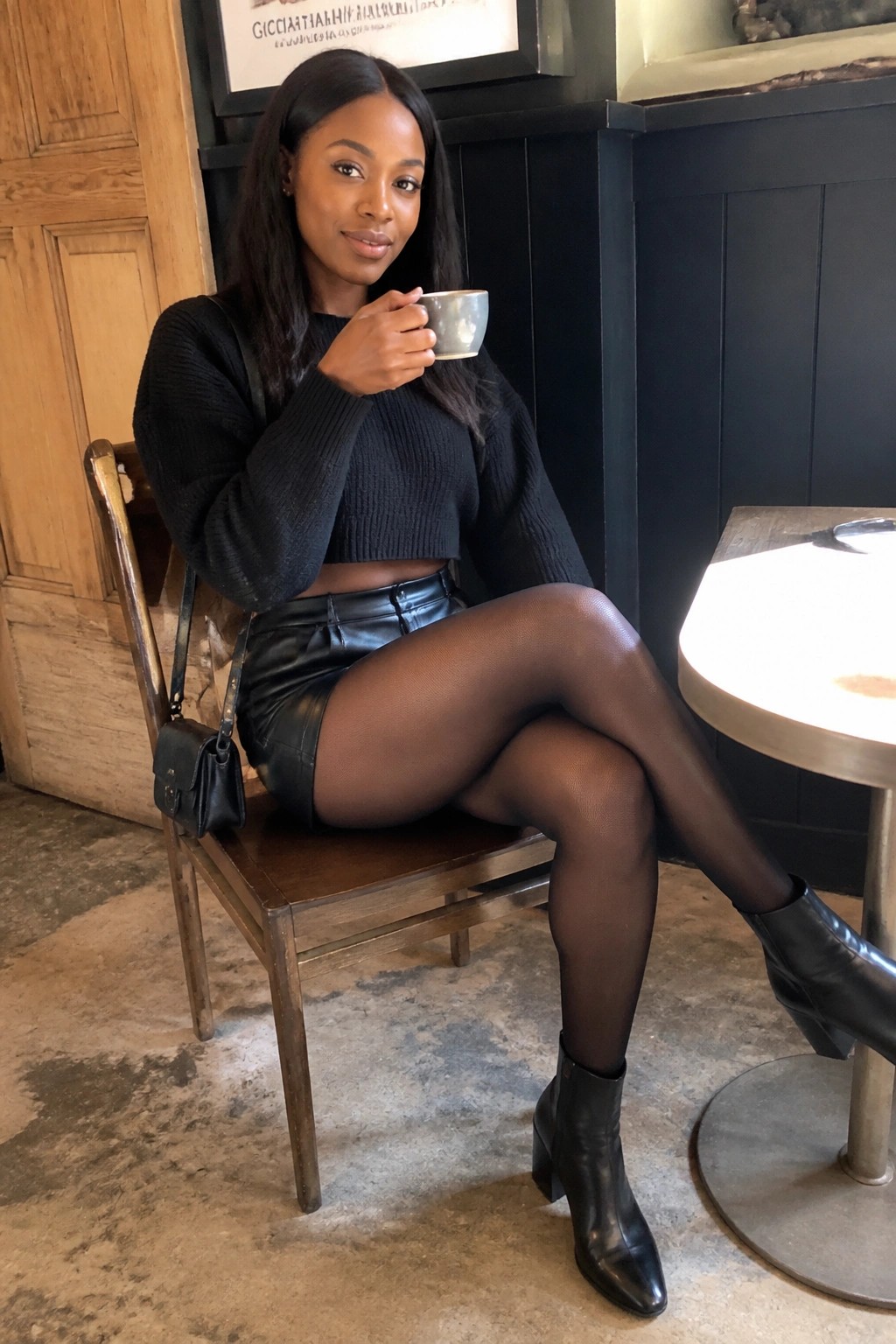 Woman in black cropped sweater and leather skirt sips from cup in cafe