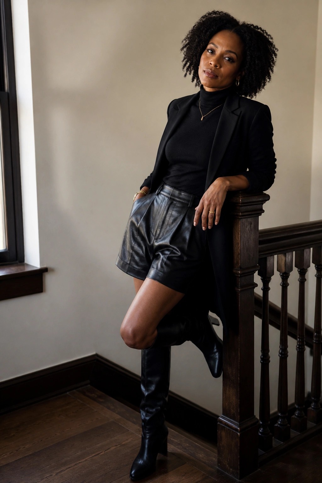 Woman in black blazer, turtleneck, leather shorts, and boots leans on wooden railing.