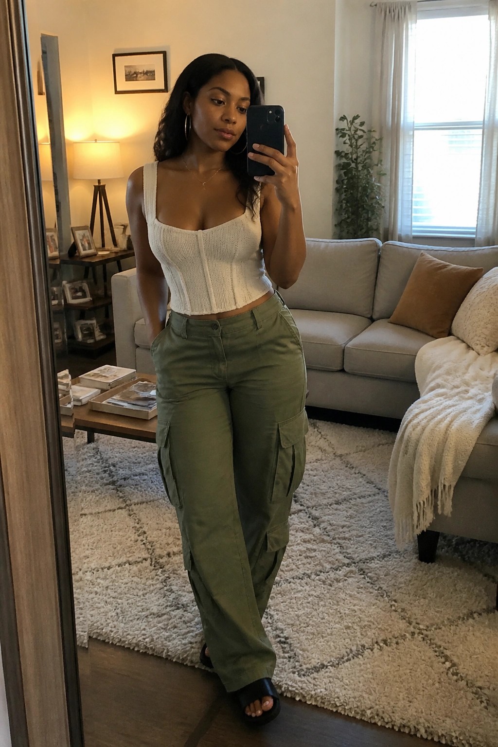 Woman in white knit crop top and green cargo pants taking mirror selfie in living room.