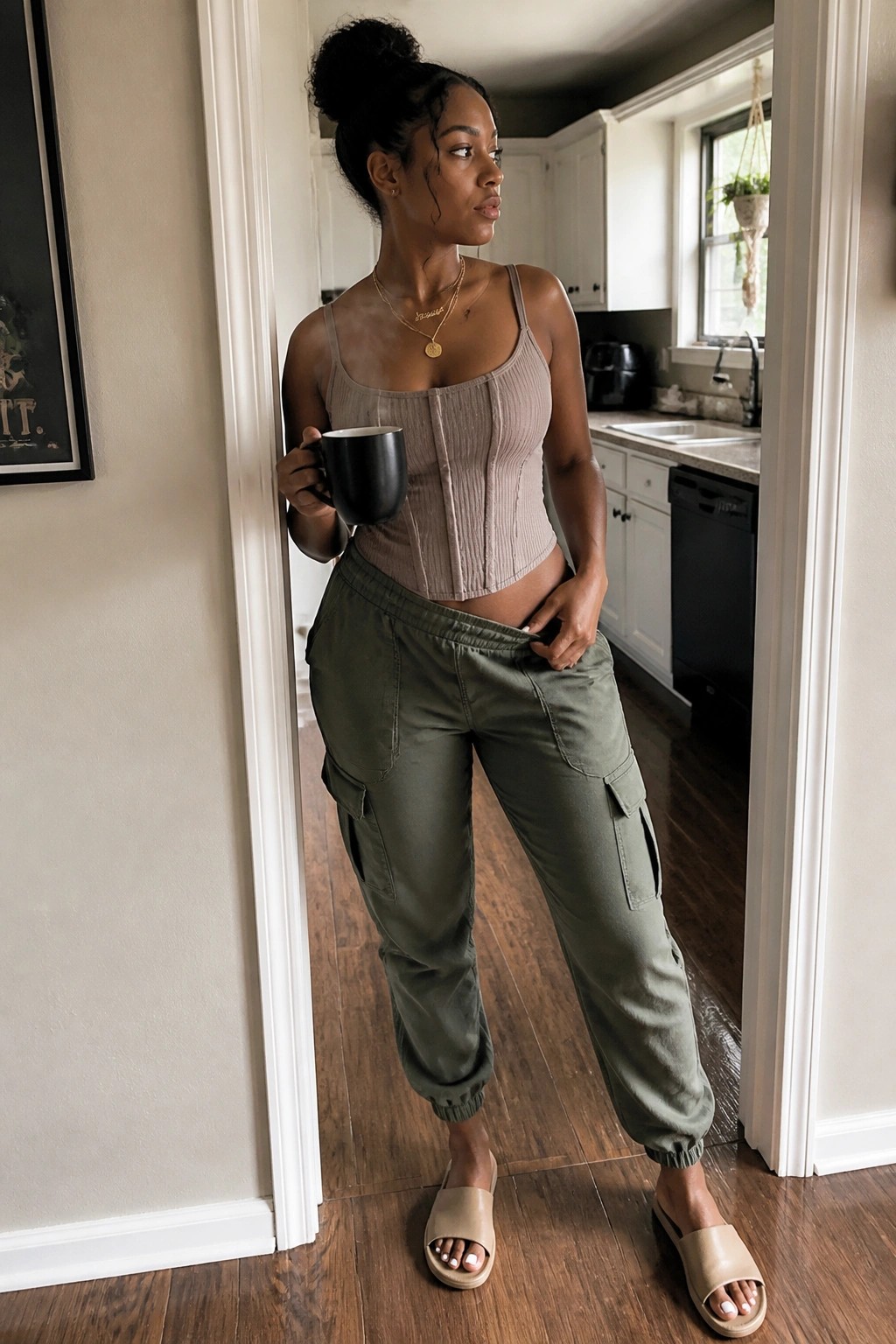 Woman in beige corset top and green cargo pants holding black mug in kitchen doorway