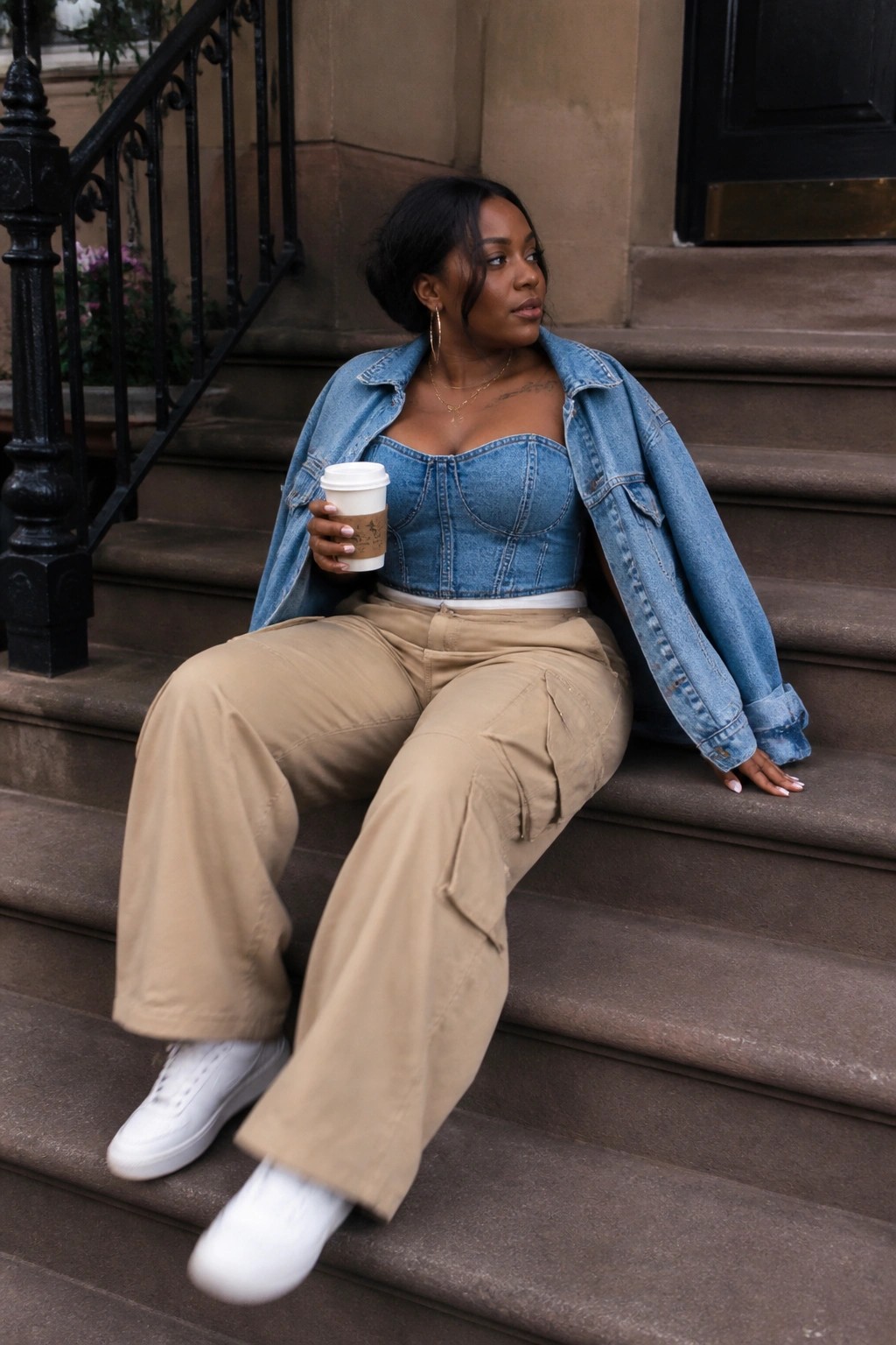 Black woman seated on stone steps wearing a strapless denim corset top under an open denim jacket, paired with wide-leg khaki cargo pants, white sneakers, and layered gold necklaces while holding a coffee cup.