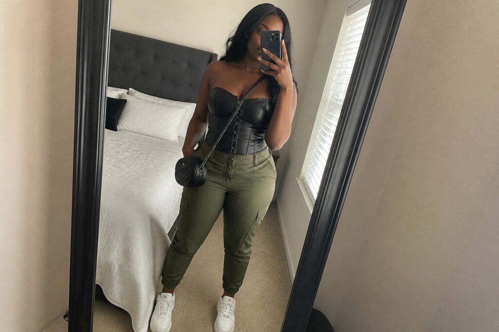 A Black woman in a black leather strapless corset top and olive cargo pants with white sneakers takes a mirror selfie while wearing a gold chain crossbody bag.