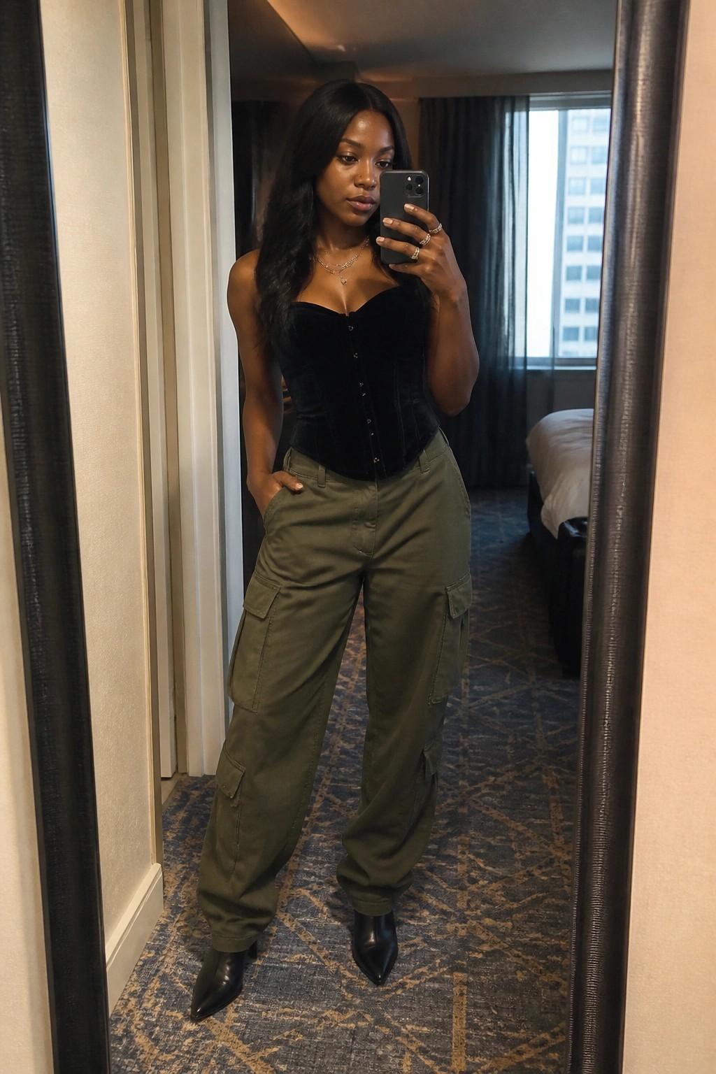 Woman in black velvet corset and olive cargo pants taking mirror selfie in hotel room