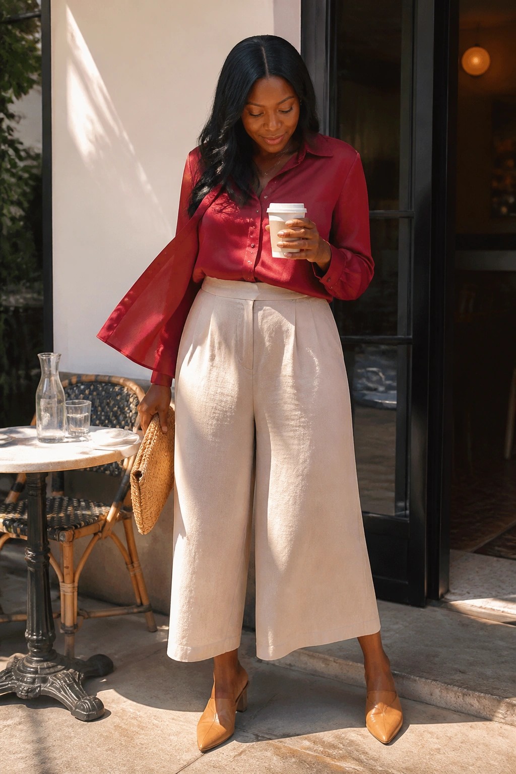 Woman in red satin blouse and beige wide-leg pants holding coffee outdoors