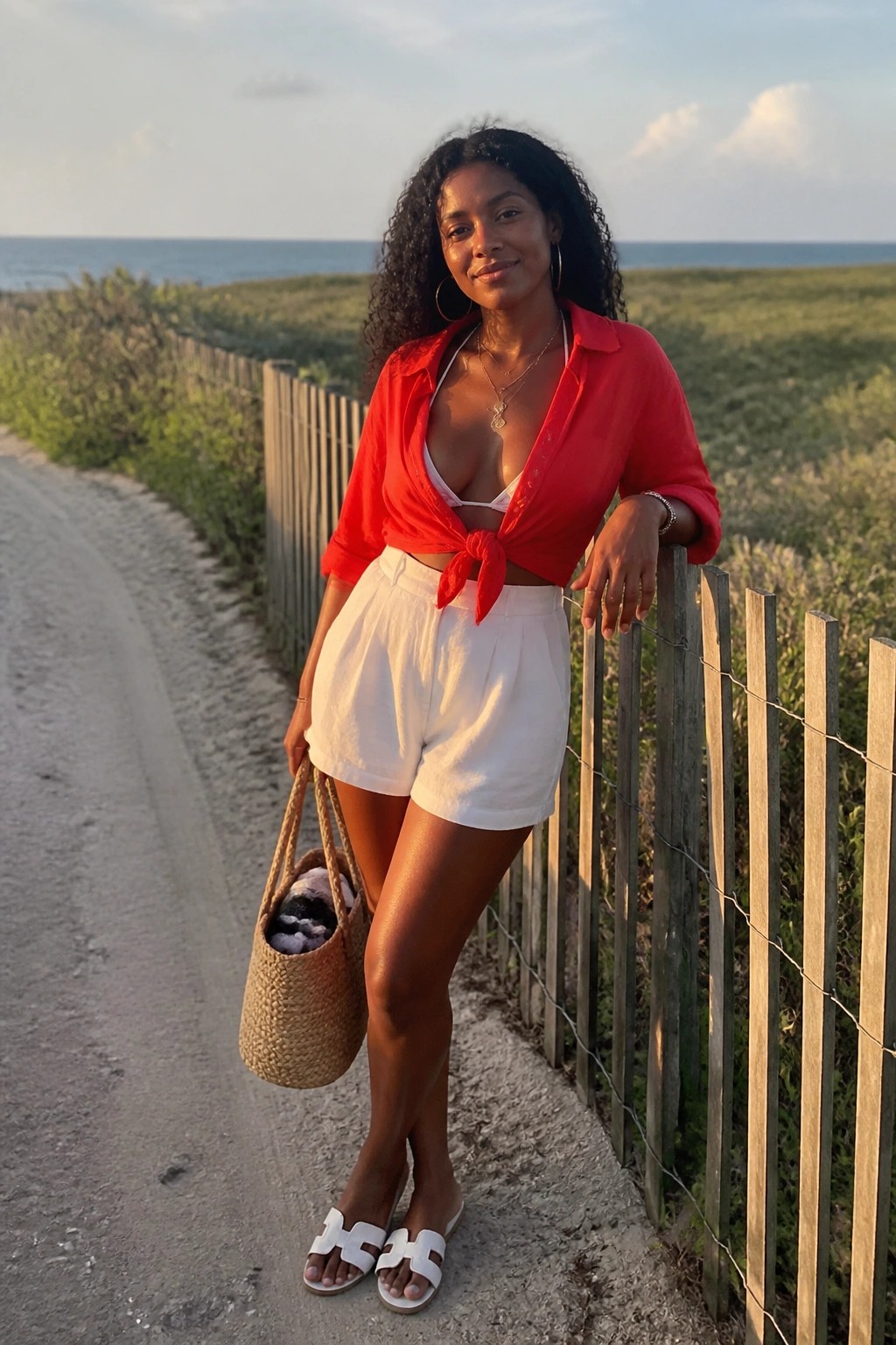 Woman in red tied shirt and white shorts leaning on fence by ocean path