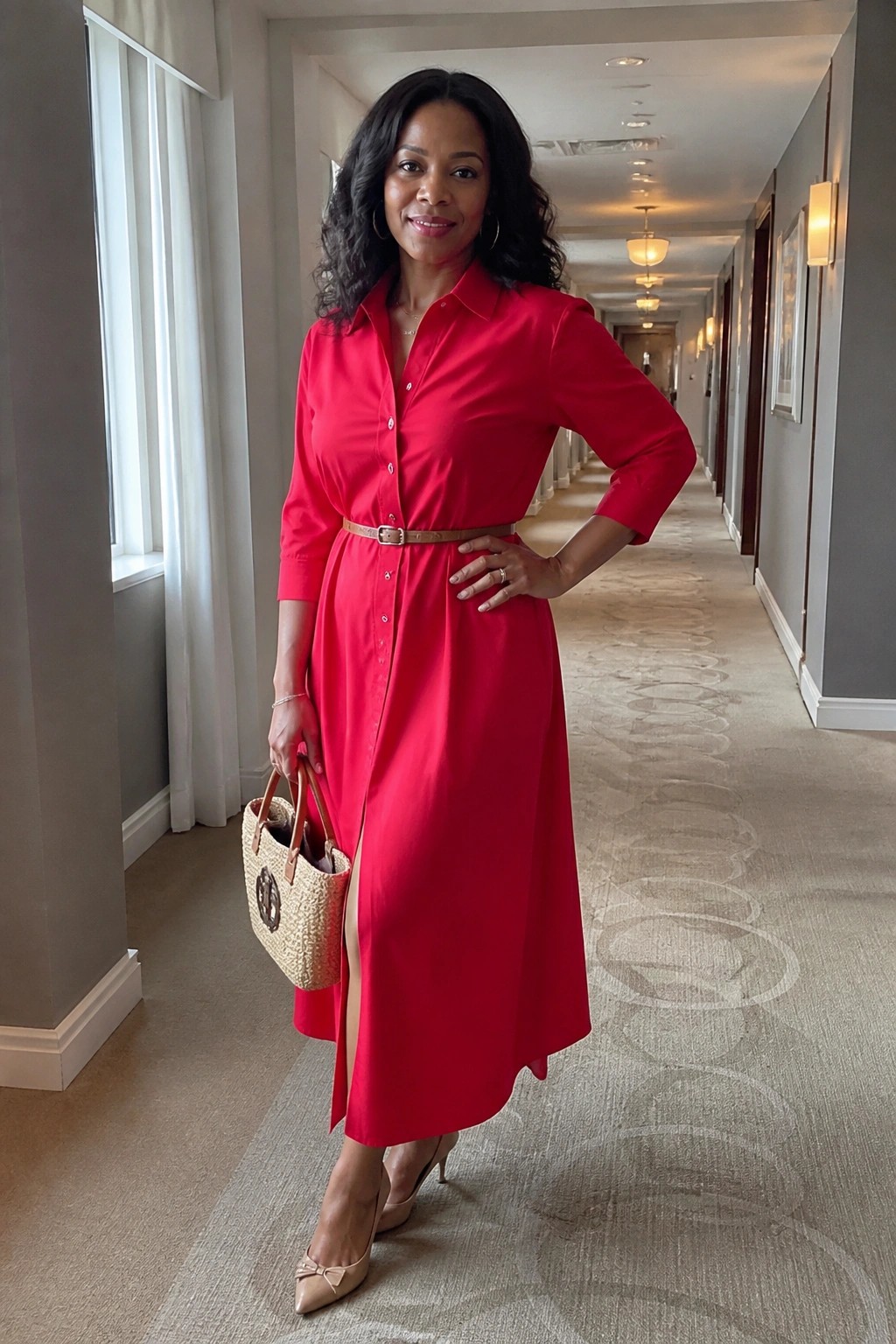 Woman in red midi shirt dress holding woven handbag in hotel hallway