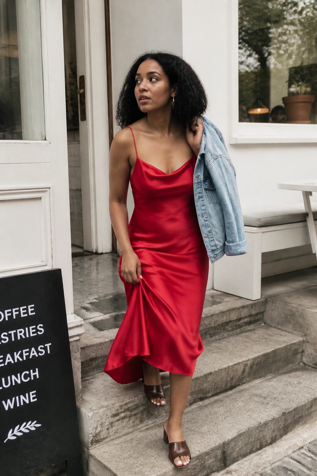 Woman in red satin dress holding denim jacket on outdoor cafe steps