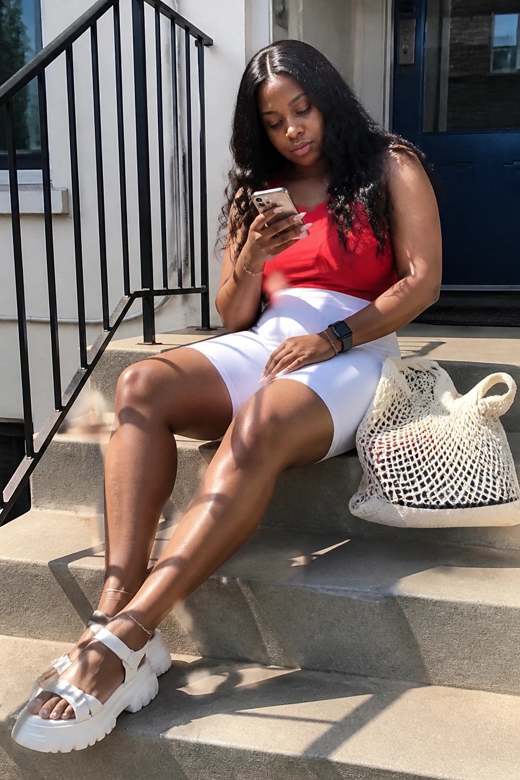 Woman in red top and white skirt on steps looks at phone beside mesh bag