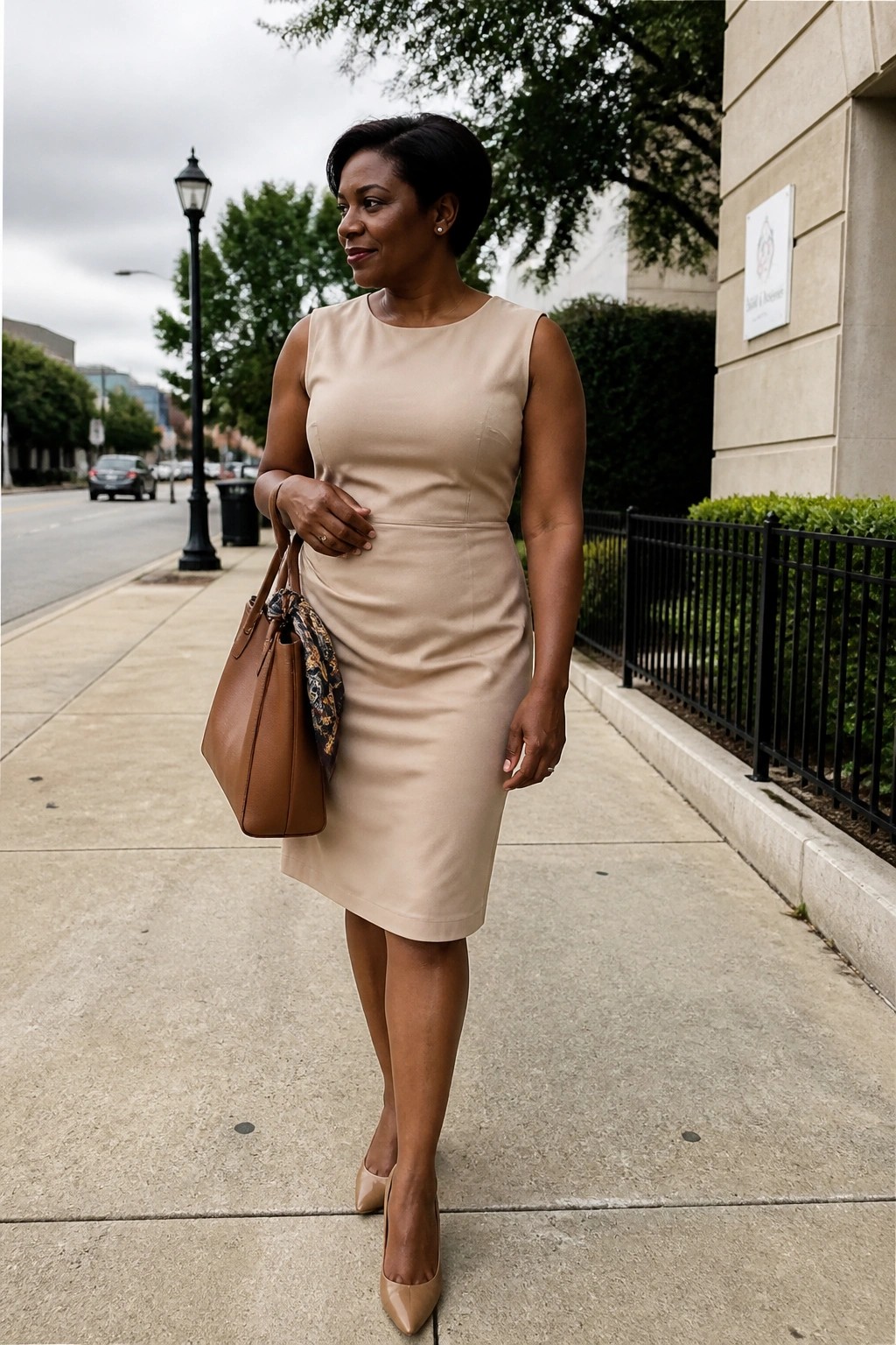 Woman in beige sheath dress with brown handbag on city sidewalk