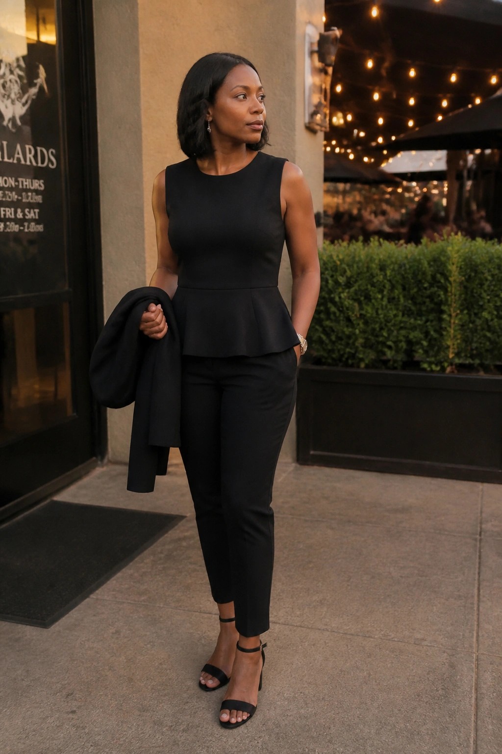 Woman wearing black sleeveless peplum top tucked into black cropped trousers with black strappy heels while holding a black jacket over one arm.