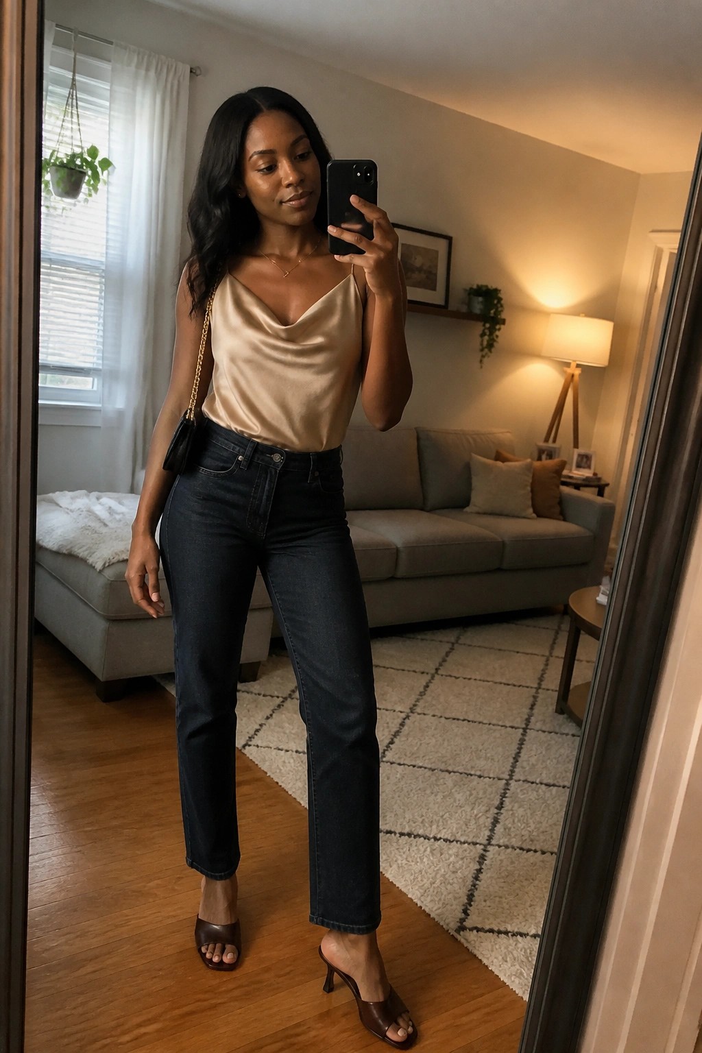 A Black woman taking a mirror selfie in a champagne satin cowl neck camisole tucked into dark straight-leg jeans, paired with brown heeled mules and a small black crossbody bag on a gold chain strap.