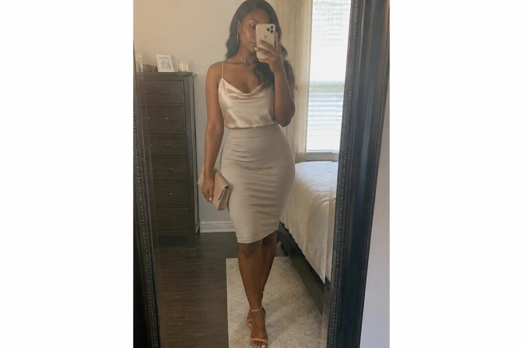 18 Gorgeous Birthday Dinner Outfit Ideas for Black Women With a Classy Vibe Woman in white camisole and taupe pencil skirt taking bedroom mirror selfie