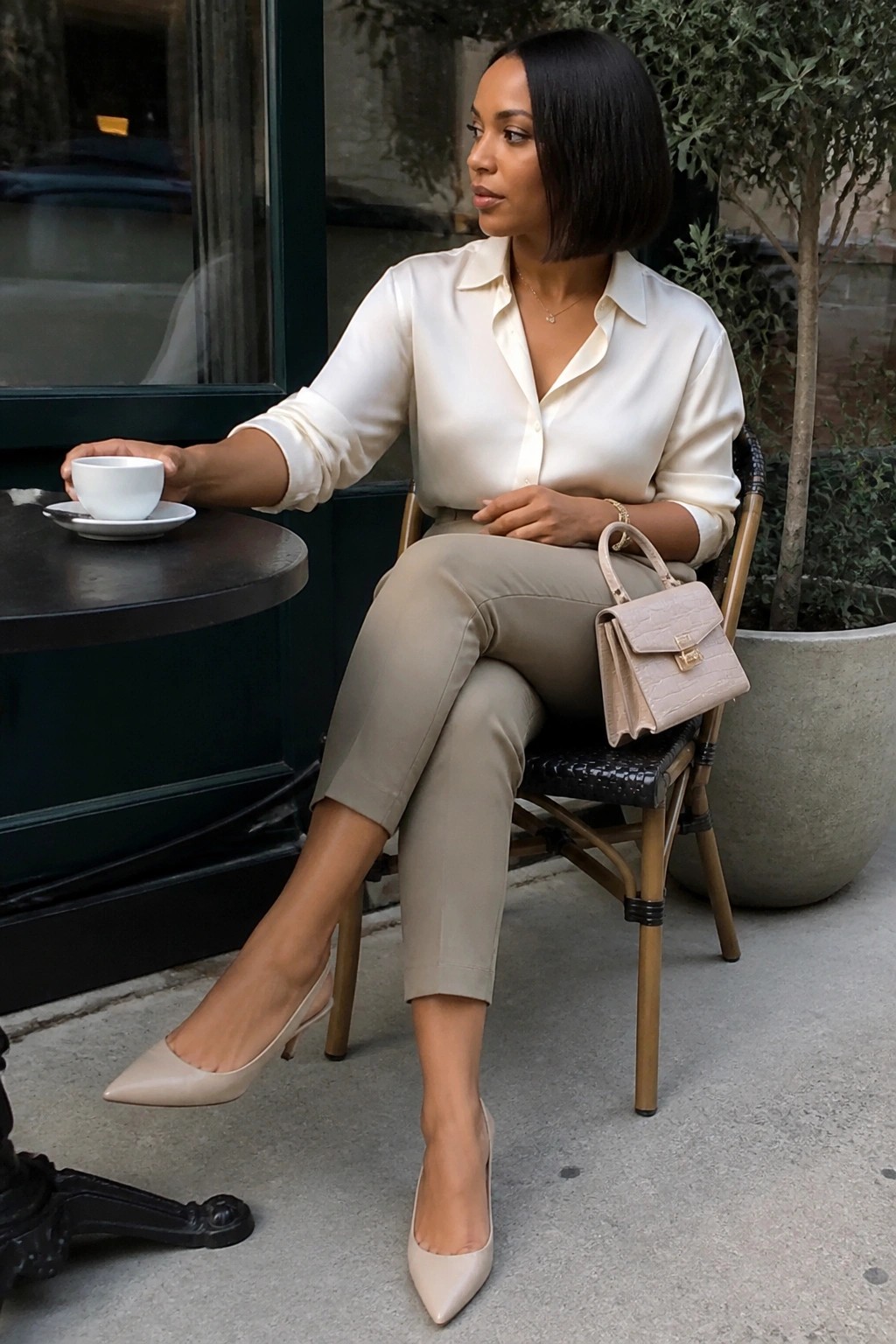 Woman with bob haircut in cream blouse and taupe pants at outdoor cafe table