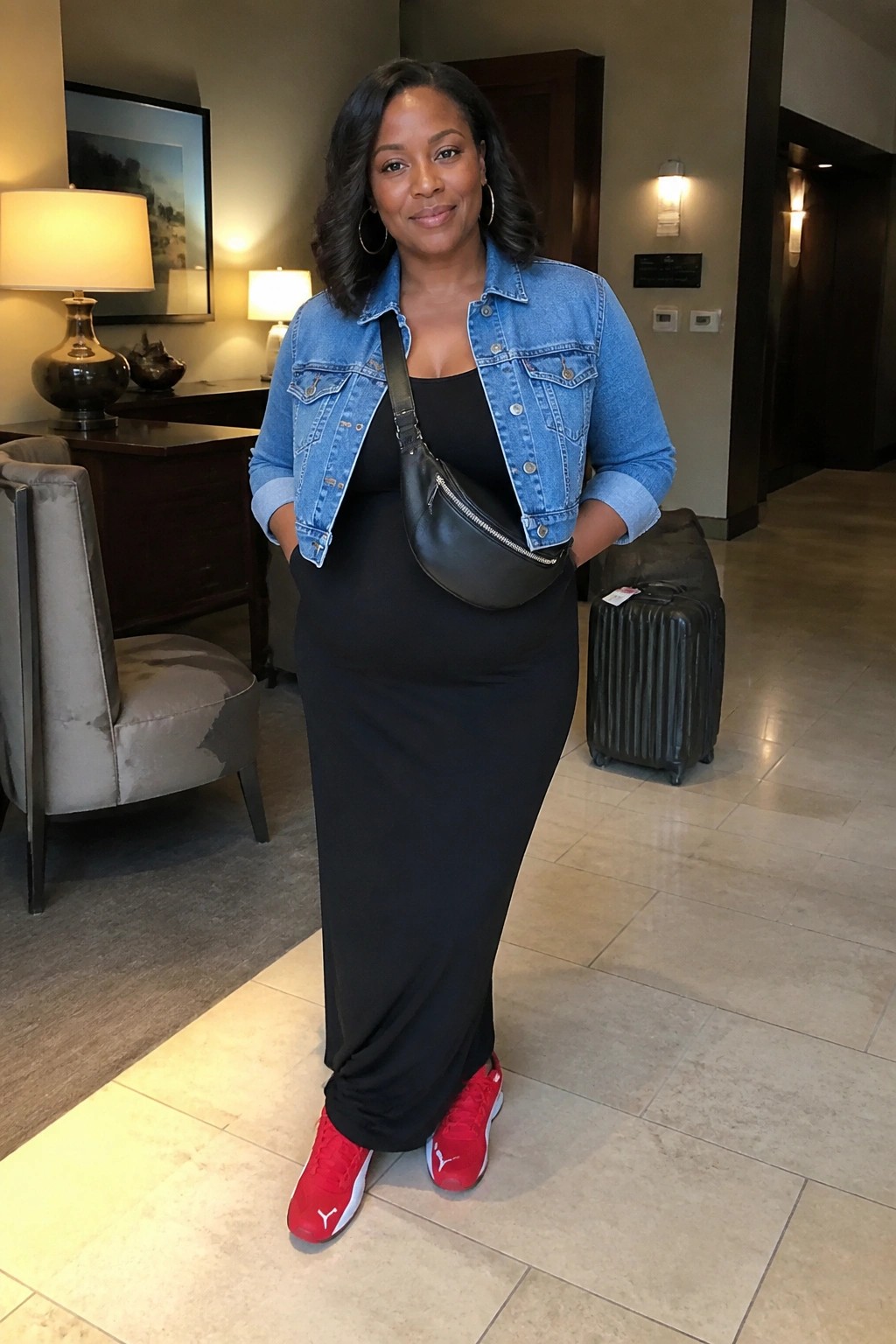 Woman in black maxi dress and denim jacket with red sneakers in hotel lobby