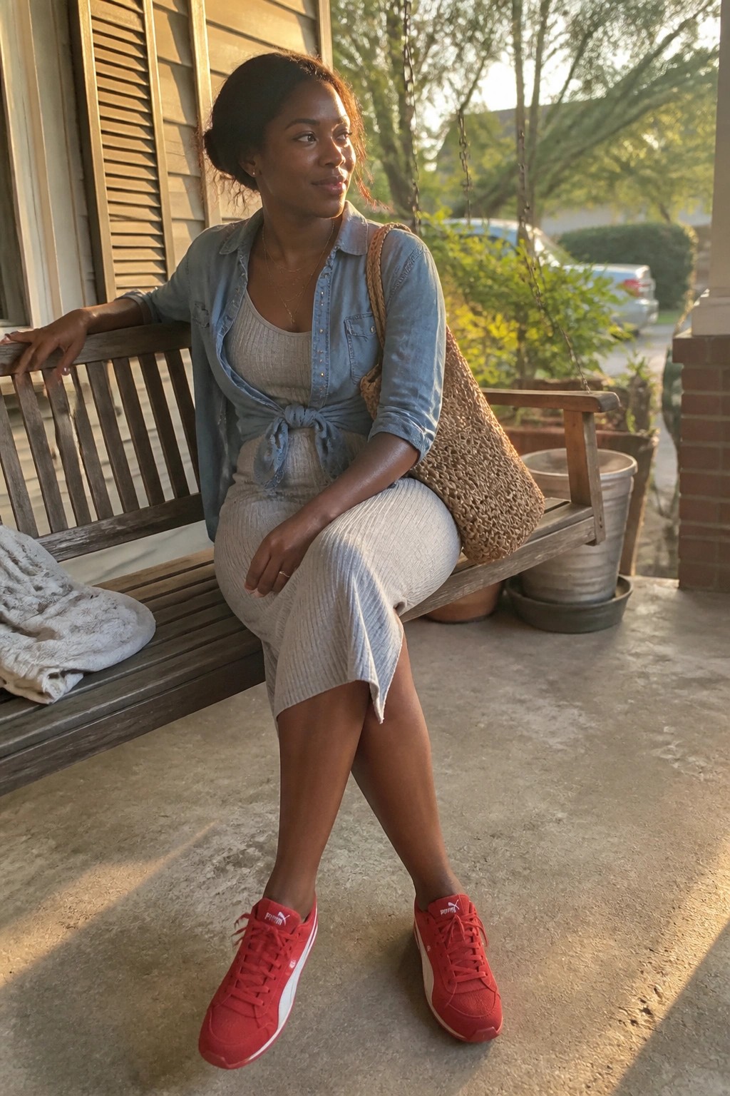 Woman in tied blue denim shirt over beige dress on porch swing with red sneakers