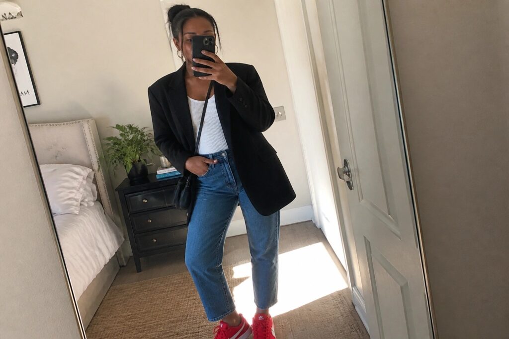 Woman in black blazer, white tank top, blue jeans, and red sneakers in bedroom mirror selfie