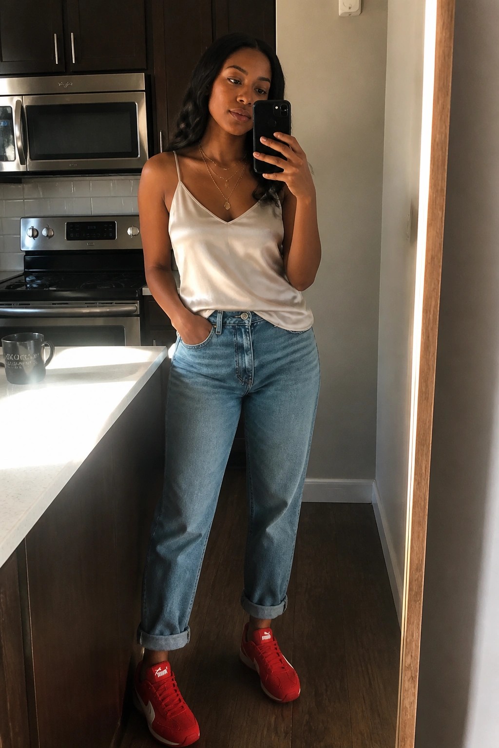 Woman in white camisole, blue cuffed jeans, and red sneakers taking kitchen mirror selfie.