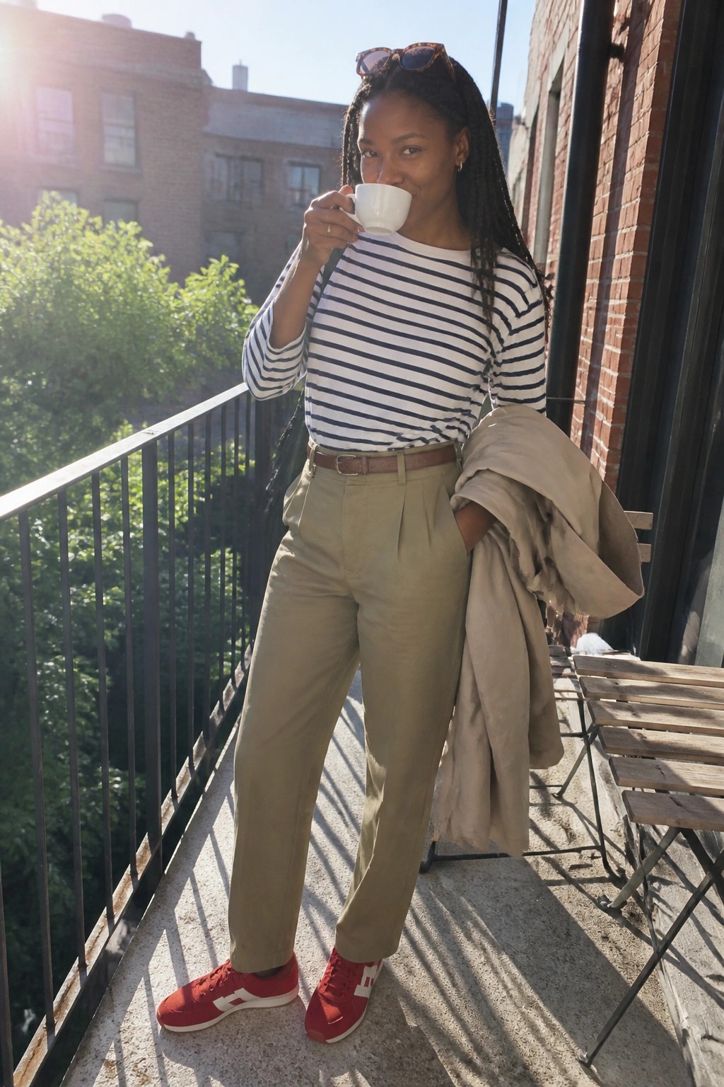 Woman in striped shirt and khaki pants sipping coffee on sunny urban balcony