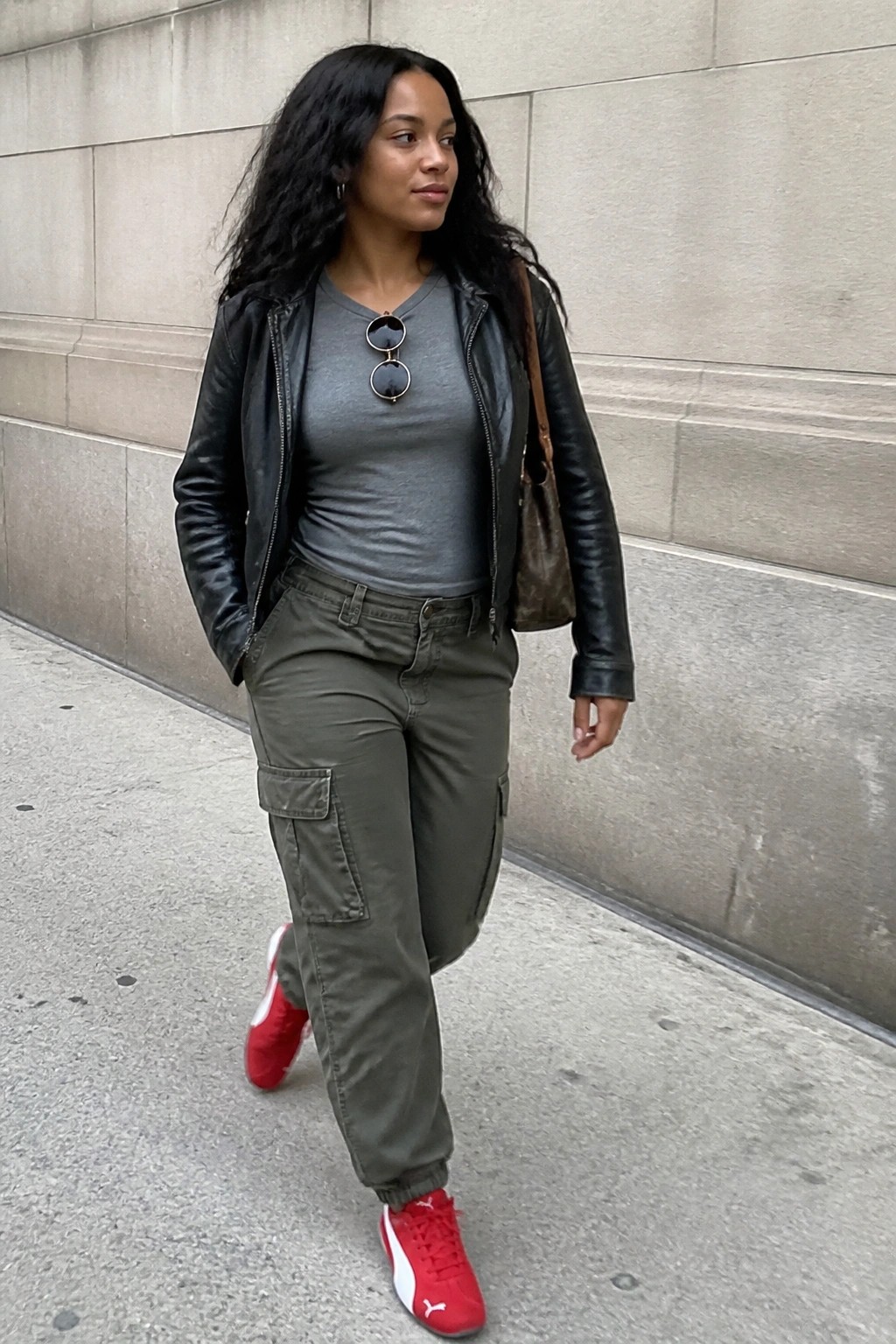 Woman in black leather jacket, gray tee, olive cargo pants, and red sneakers walks by stone wall