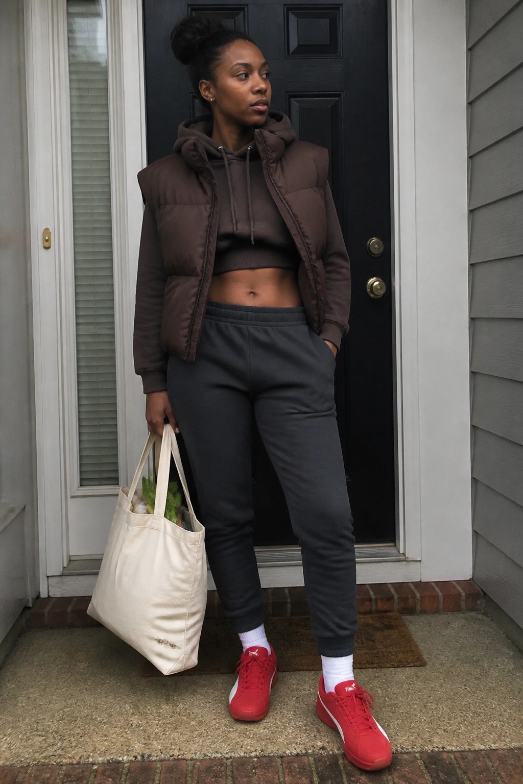A Black woman stands on a doorstep wearing a brown puffer vest over a cropped brown hoodie, dark gray joggers, and red Puma Speedcat sneakers while holding a cream tote bag.