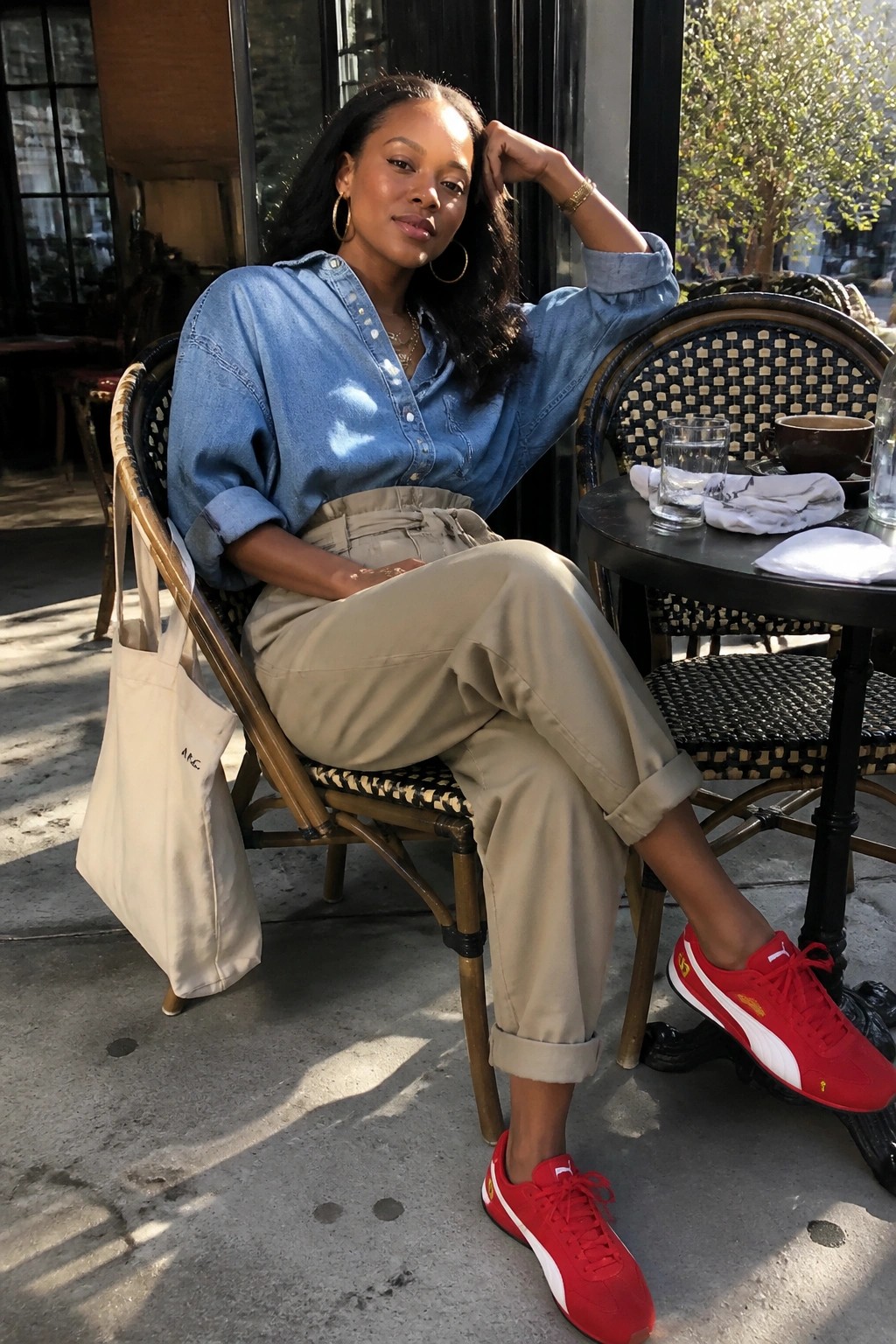 Woman in blue denim shirt and beige pants sits at outdoor cafe in red sneakers