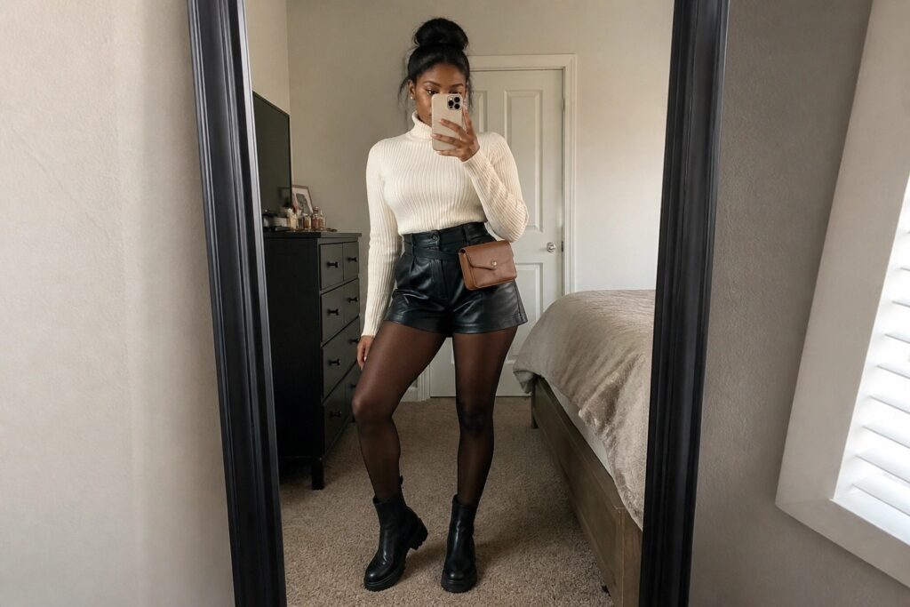Woman in cream turtleneck and black leather shorts taking mirror selfie with brown belt bag