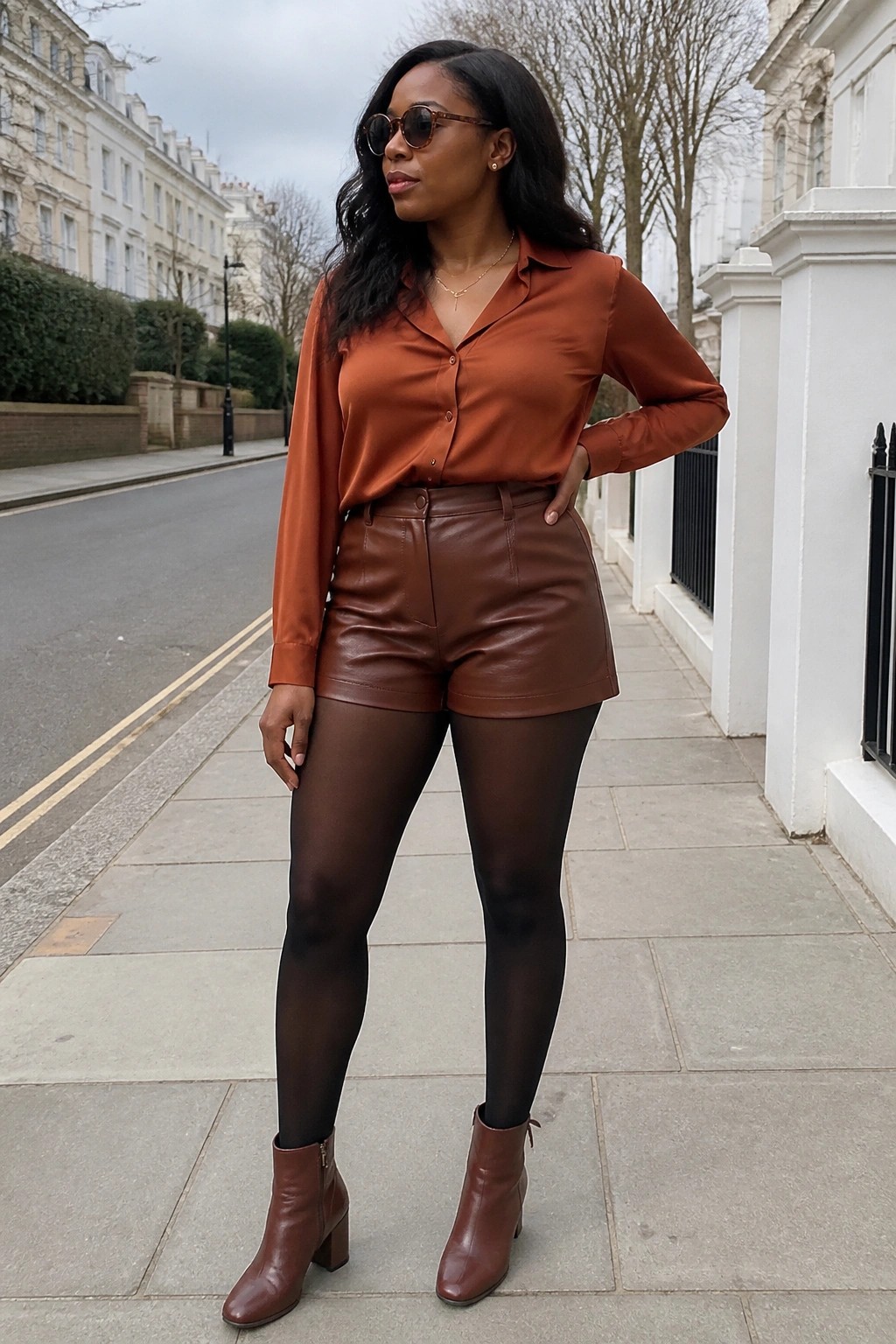 Woman in rust satin blouse and brown leather shorts on urban sidewalk.