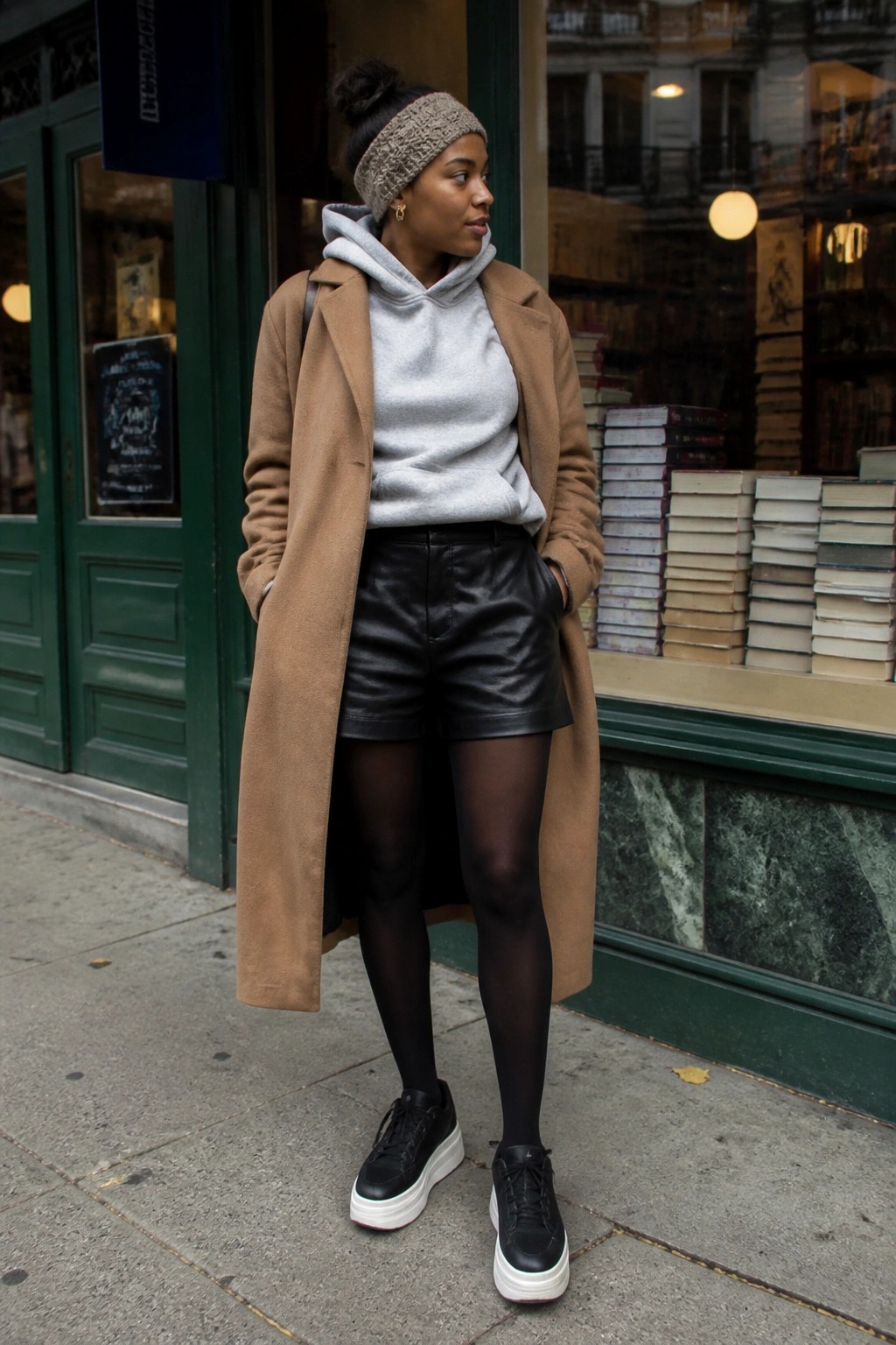 Woman in camel coat, grey hoodie, black leather shorts, and knit headband outside bookstore.