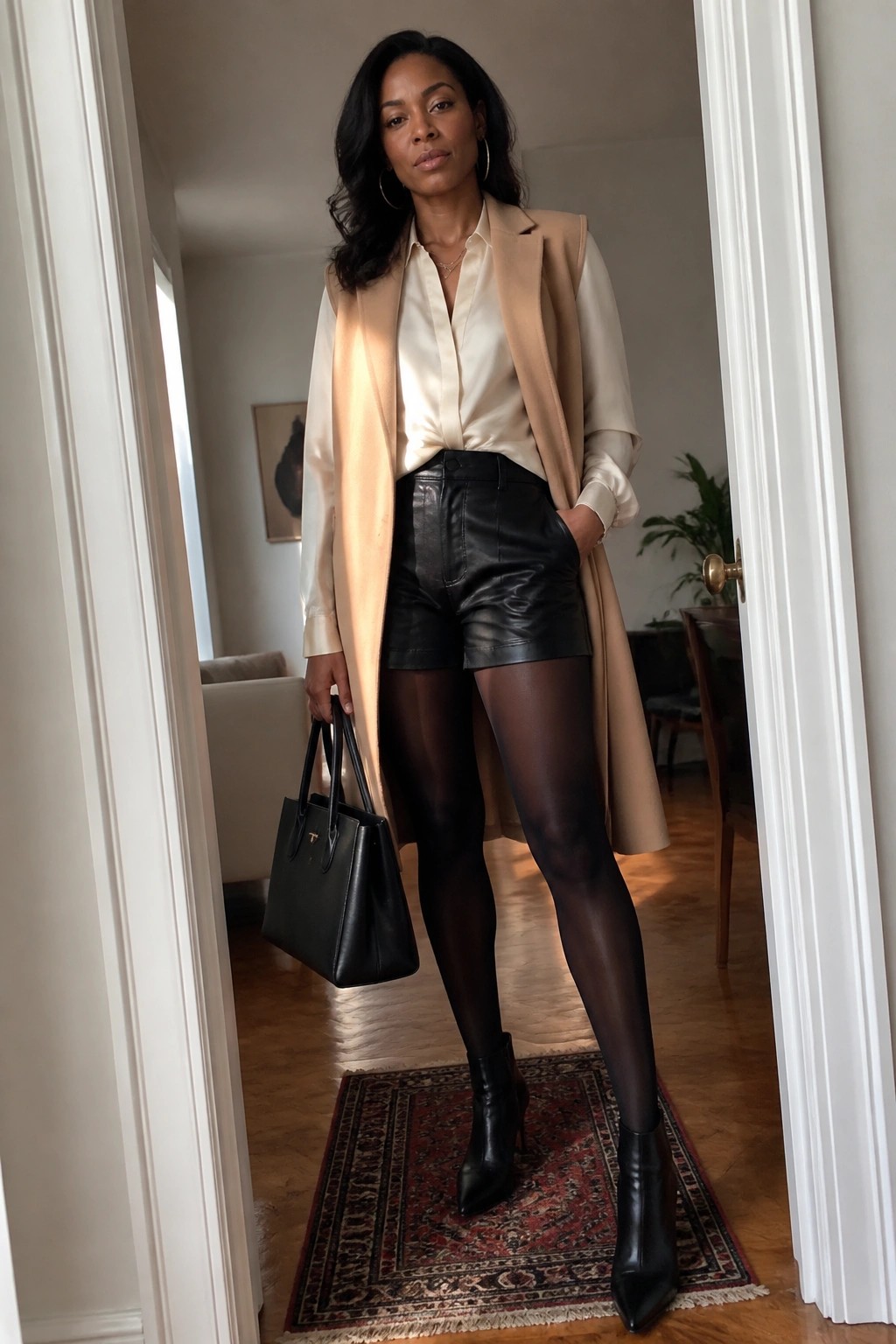 Woman in beige coat over satin blouse with black leather shorts, tights, and boots holding bag