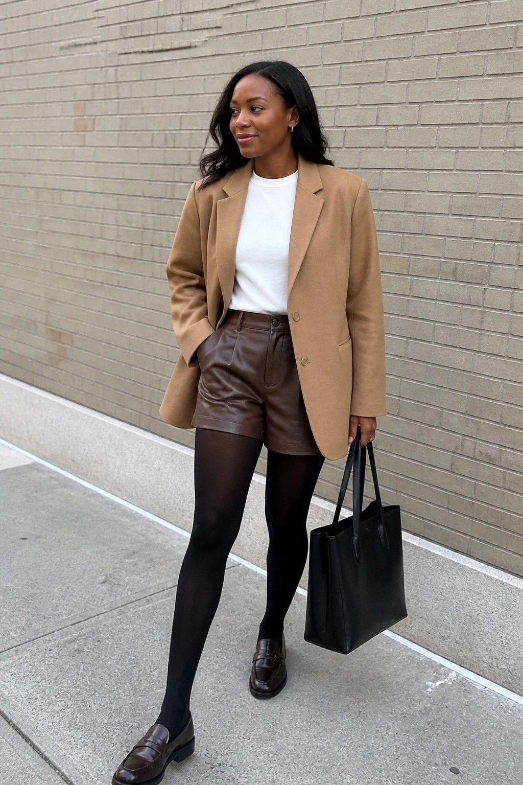 Woman in tan blazer, white tee, brown leather shorts, black tights, holding tote bag