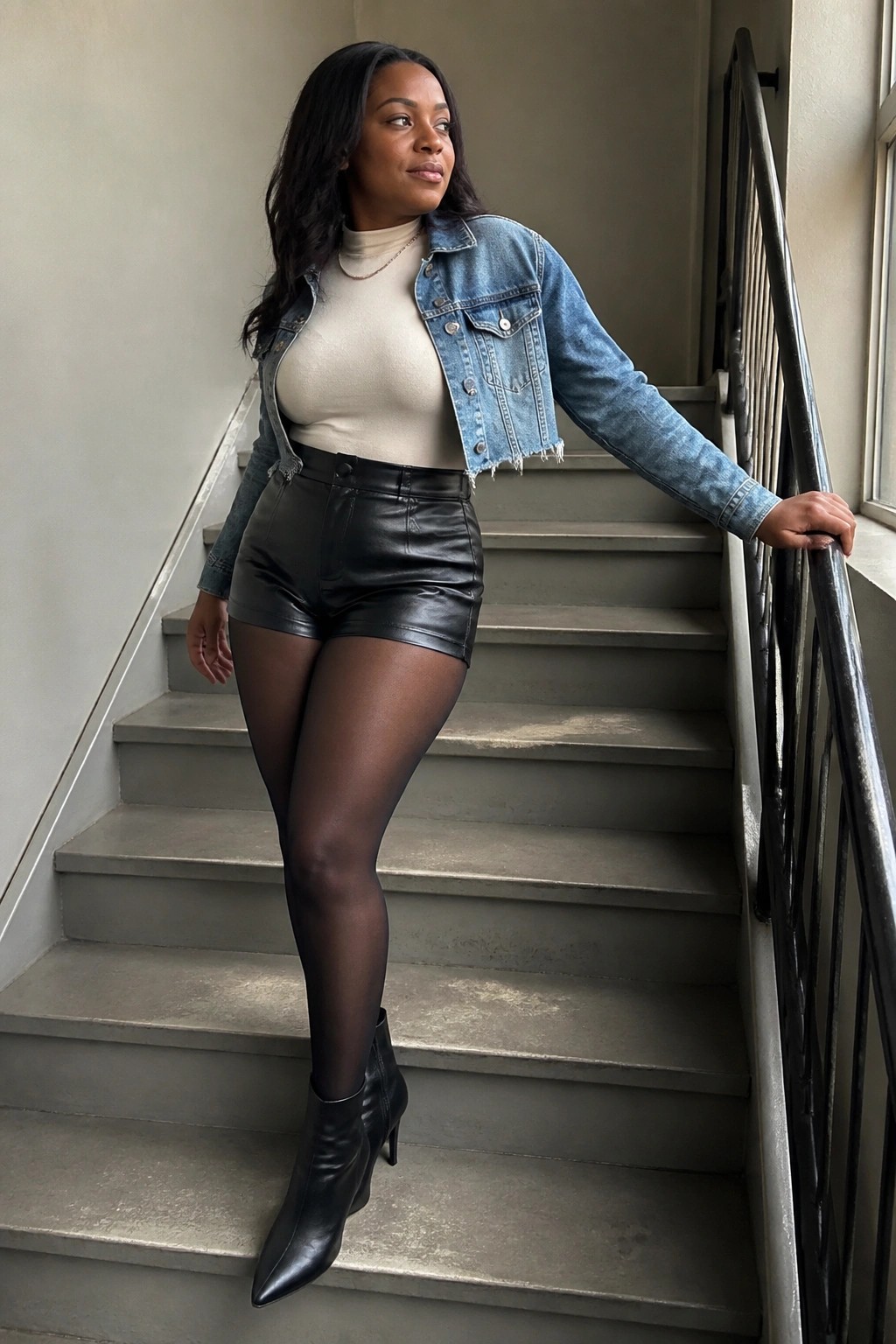 Woman in cropped denim jacket, beige turtleneck, and black leather shorts on stairs