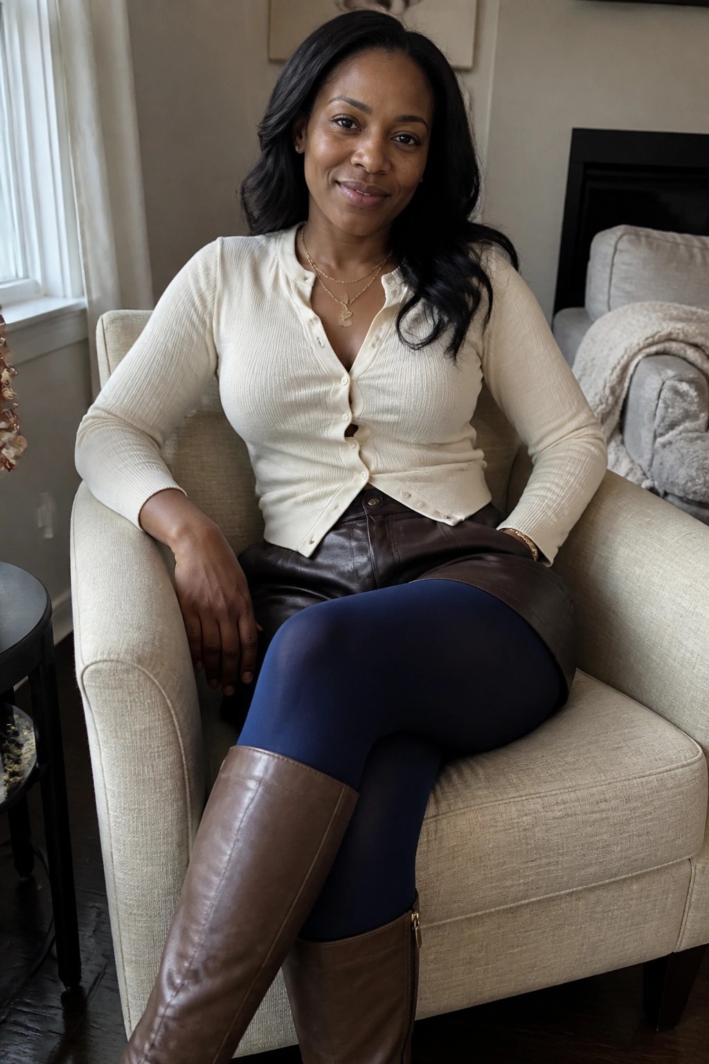 Woman in cream cardigan, blue tights, and brown boots seated in beige armchair