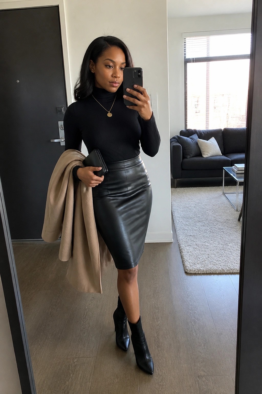 Woman in black turtleneck and leather skirt holding beige coat for mirror selfie