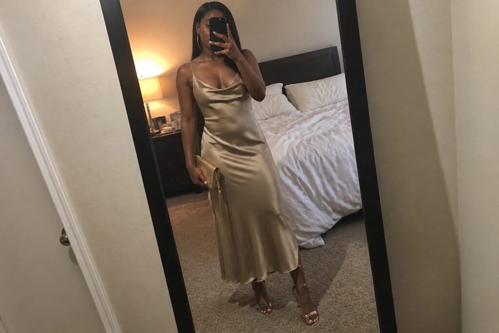 18 Sophisticated Classy Chic Night Out Outfits for Black Women Woman in gold satin midi dress taking mirror selfie in bedroom with clutch