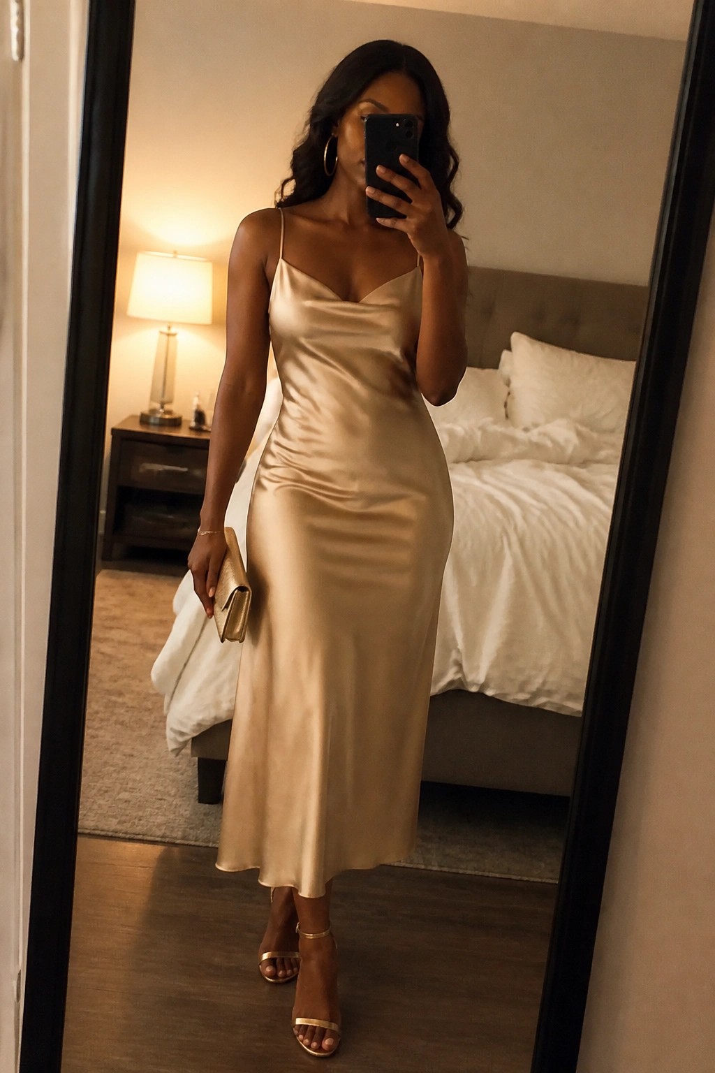 Woman in gold satin midi dress taking mirror selfie in bedroom with clutch